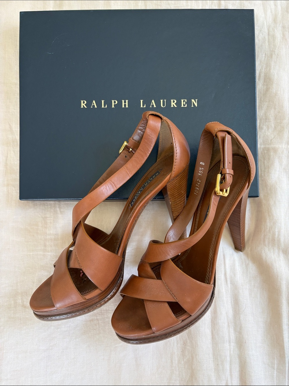 Ralph Lauren Collection Cognac Brown Leather Crisscross High-Heel Sandals